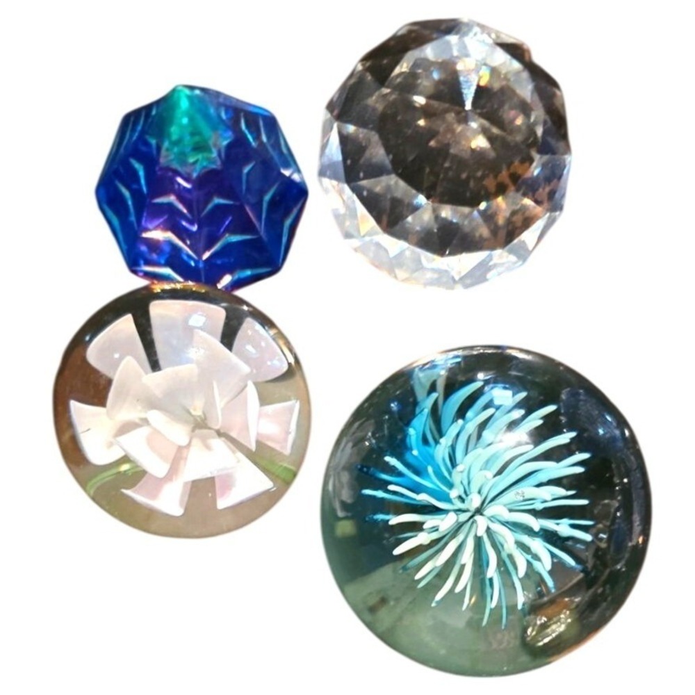 4pc Vintage Paperweights 2 Floral Glass 1Pyramid Crystal 1Austrian Crystal